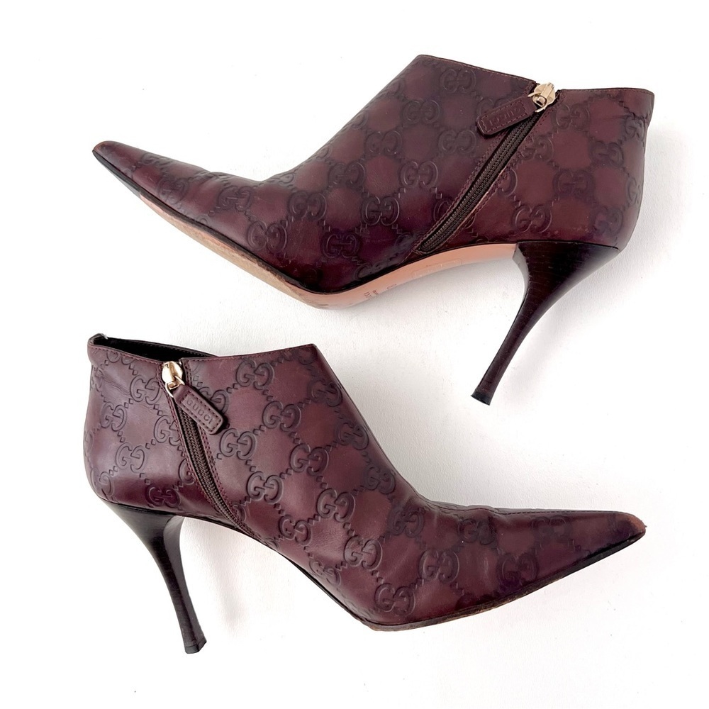GUCCI | Brown Guccissima GG Logo Leather Pointed Toe Stiletto Ankle Booties 7B - Picture 7 of 14